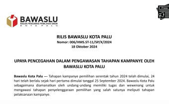 Bawaslu Kota Palu --- Tahapan kampanye pemilihan serentak tahun 2024 telah dimulai, 24 hari telah berlalu sejak hari pertama dimulai tanggal 25 September 2024. Bawaslu Kota Palu sebagaimana diamanatkan oleh undang-undang memiliki tugas dan wewenang untuk mengawasi tahapan penyelenggaraan pemilihan yang salah satunya meliputi tahapan pelaksanaan kampanye.